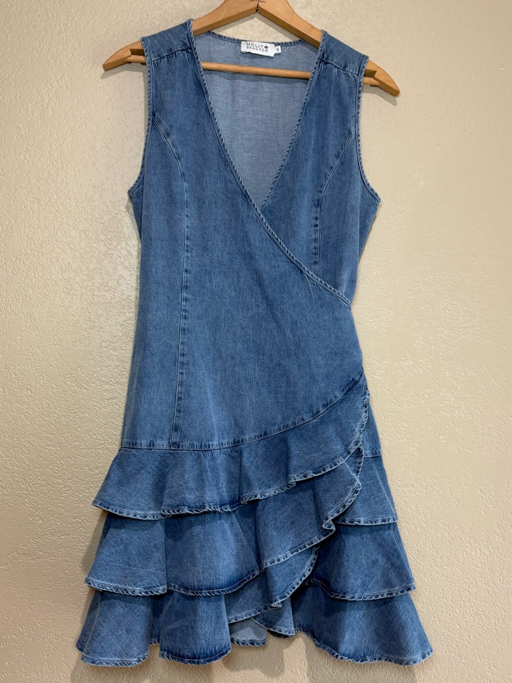 Molly Bracken Sleeveless V-Neck Denim Wrap Midi Dress Ruffles